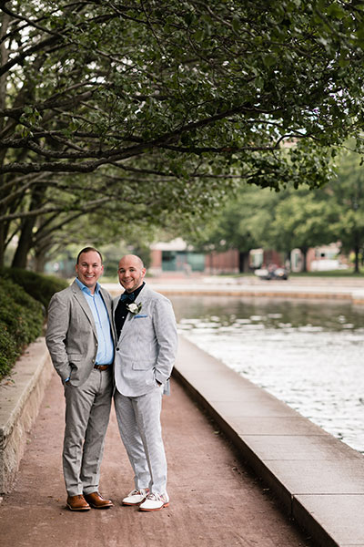 Grooms together by pond