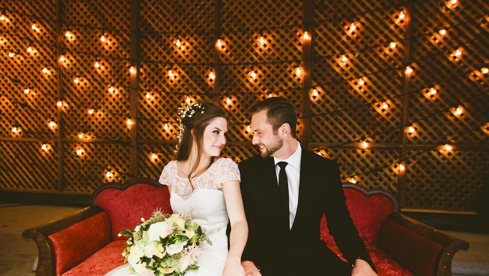 bride and groom outside