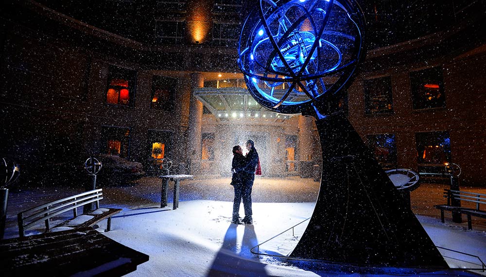 Kimpton Marlowe hotel armillary sculpture snow outside