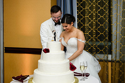 Bride and groom cutting cake