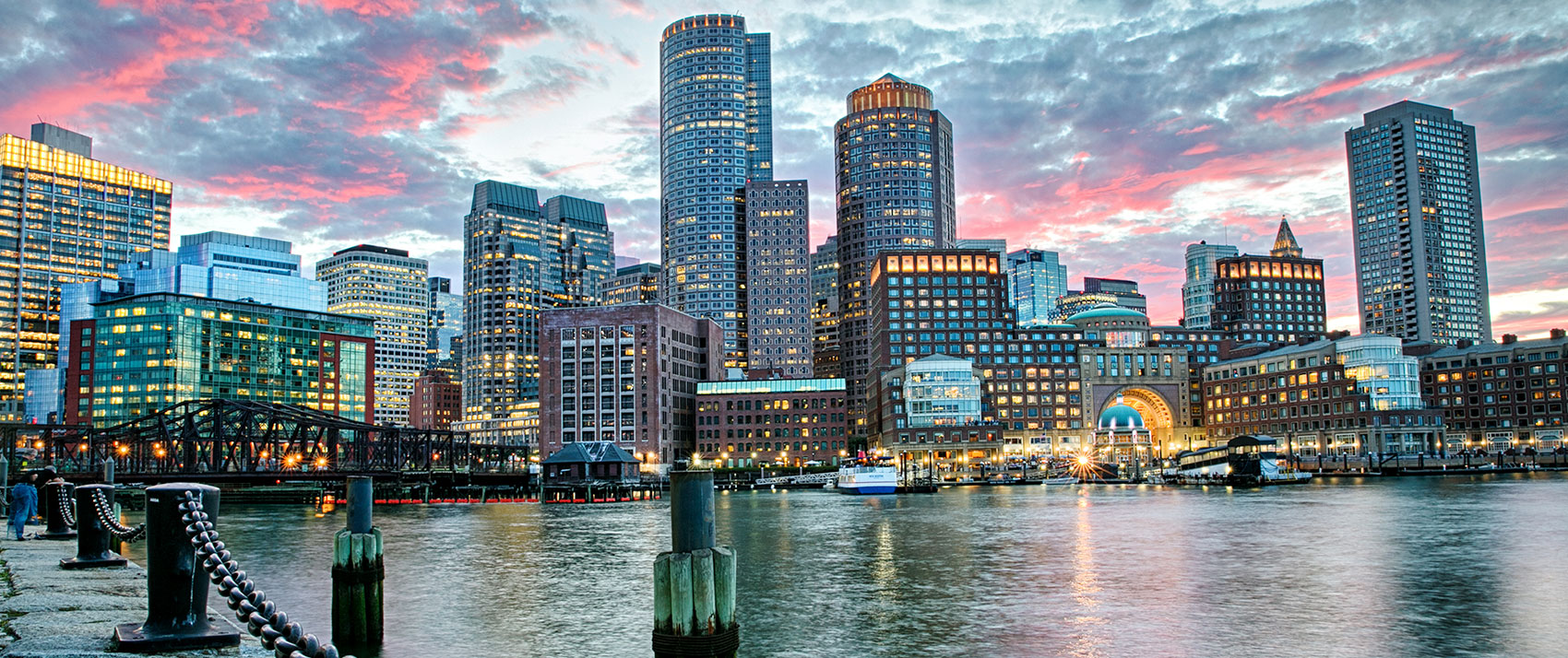 Boston Harbor with boats and city skyline