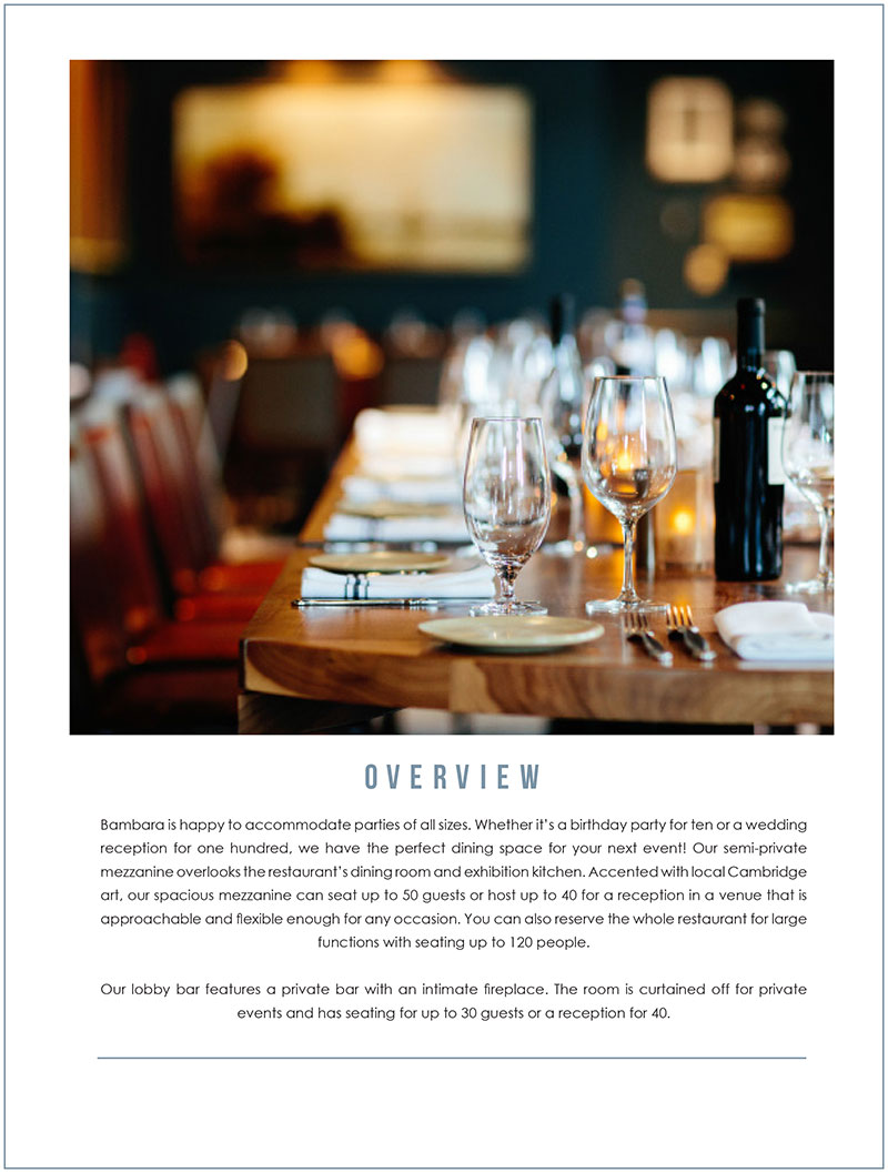 Marlowe private dining information and sample menus